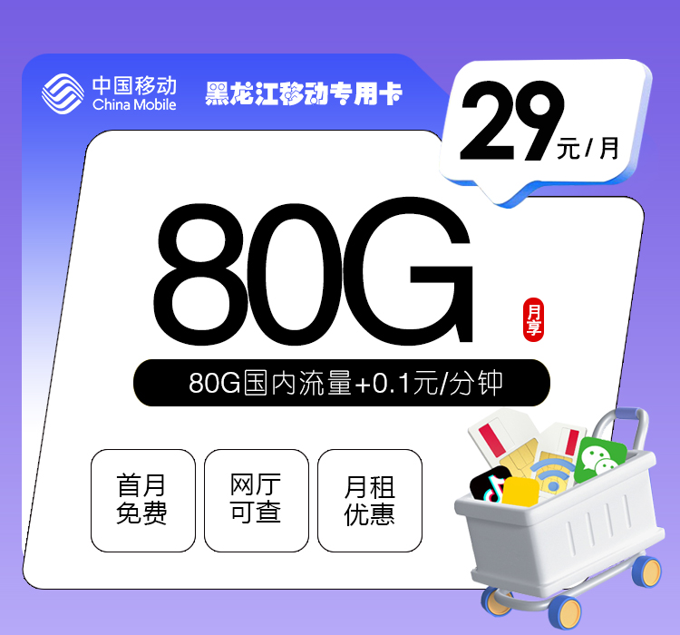 172号卡官网推荐：黑龙江移动专用卡【29元80G流量】