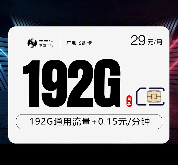 172号卡官网推荐：广电飞卿卡【29元192G流量】